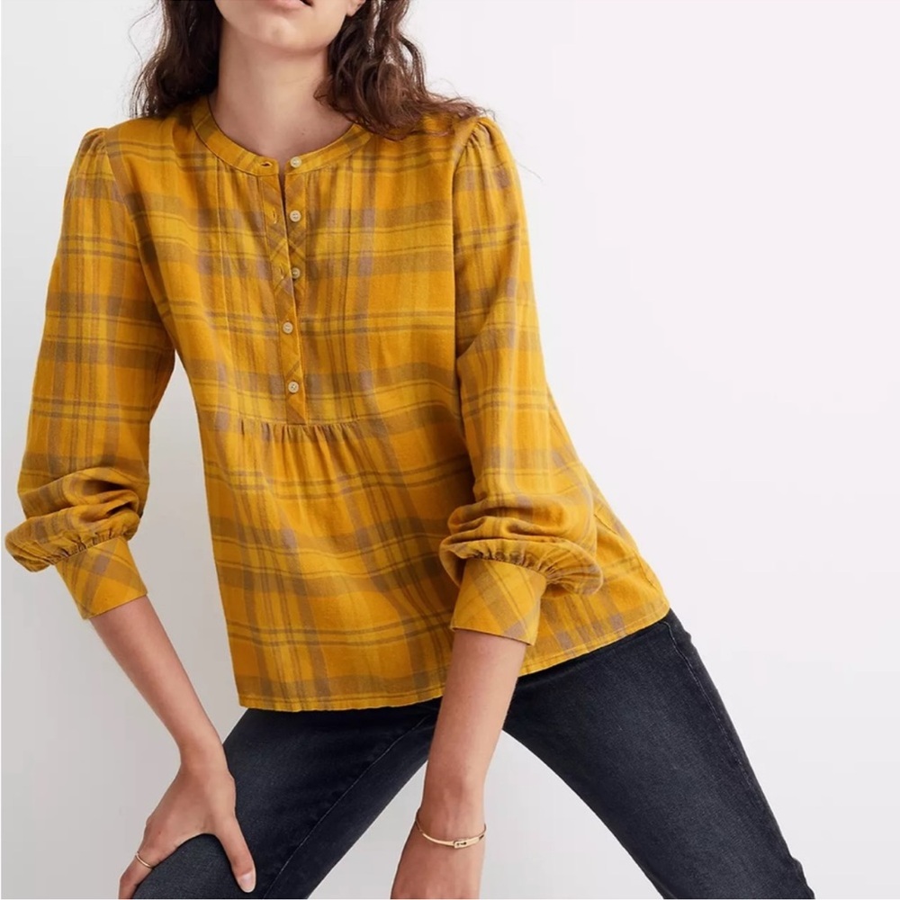 Madewell Leysfield Popover Shirt – Flannel Plaid in Mustard Yellow SZ Small NWT
